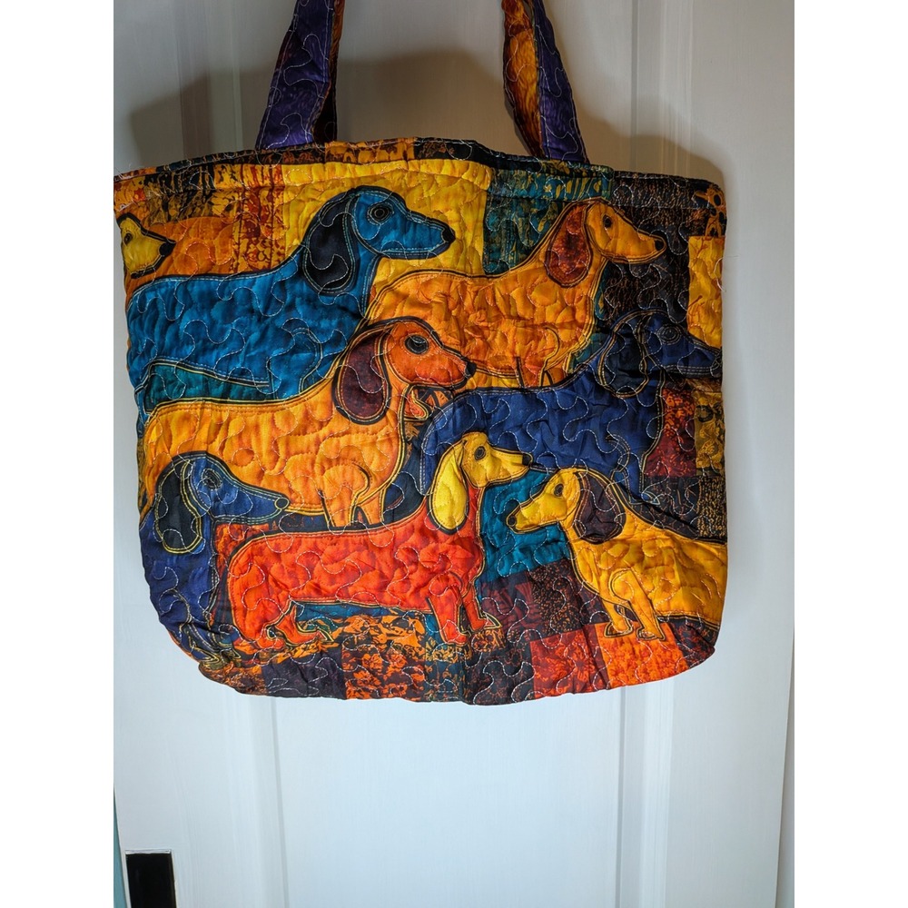 Handmade Quilted Dachshund Dog Print Tote Bag Multicolor Folk Art Doxie Purse